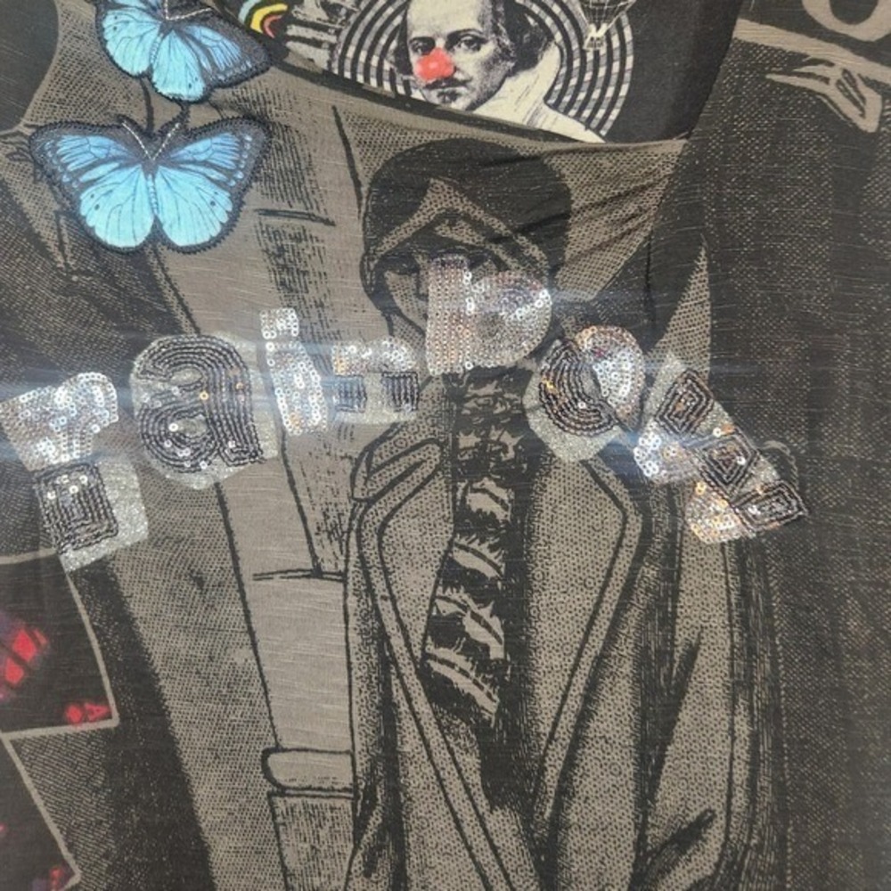 Desigual Womens Long Sleeve Rainbow Sequin Butterfly Mixed Media Graphic Top - Picture 2 of 9